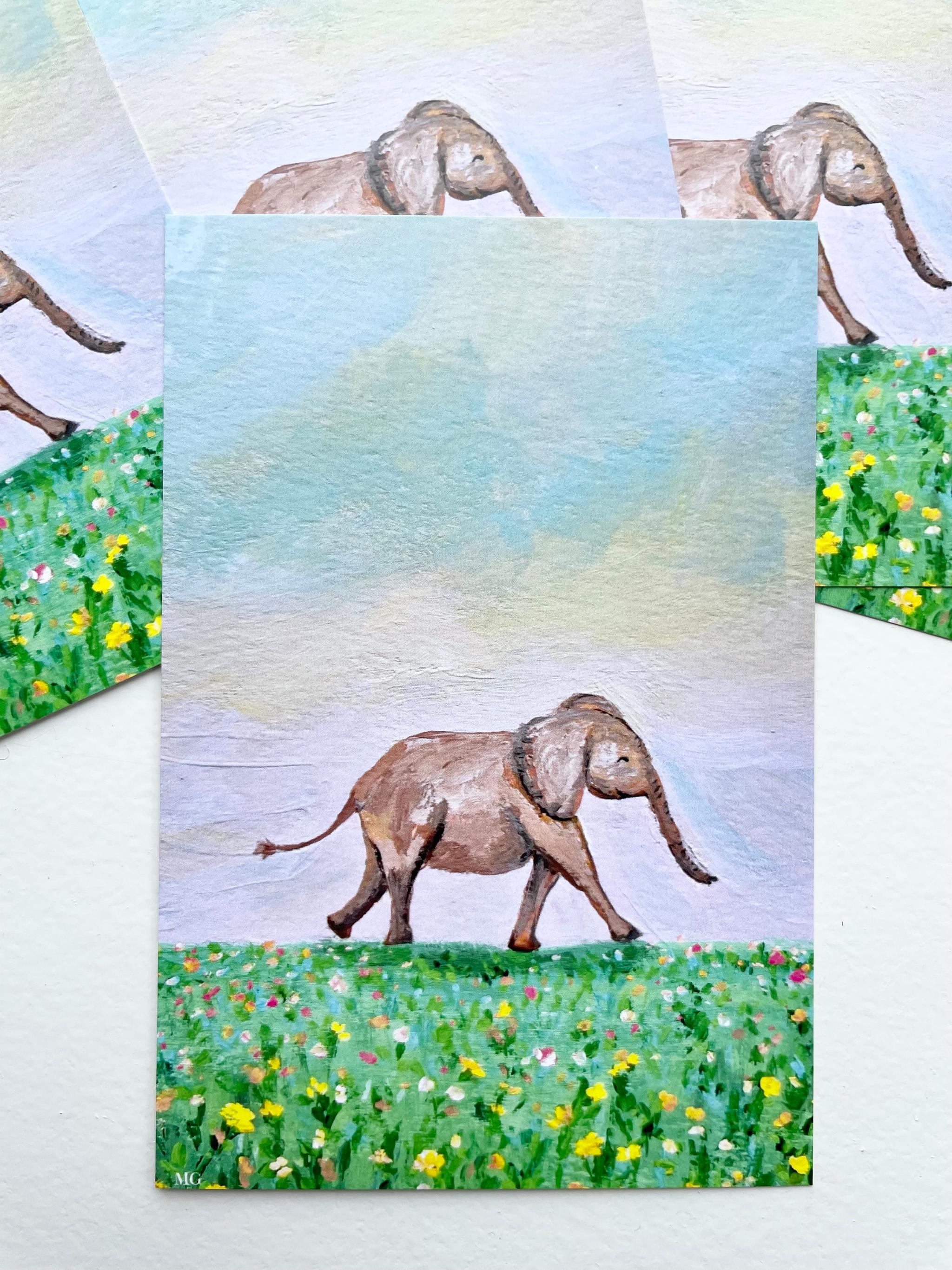 小ゾウと春の訪れ、ゾウ、ケニアのアート、アフリカンアニマル、ポストカード