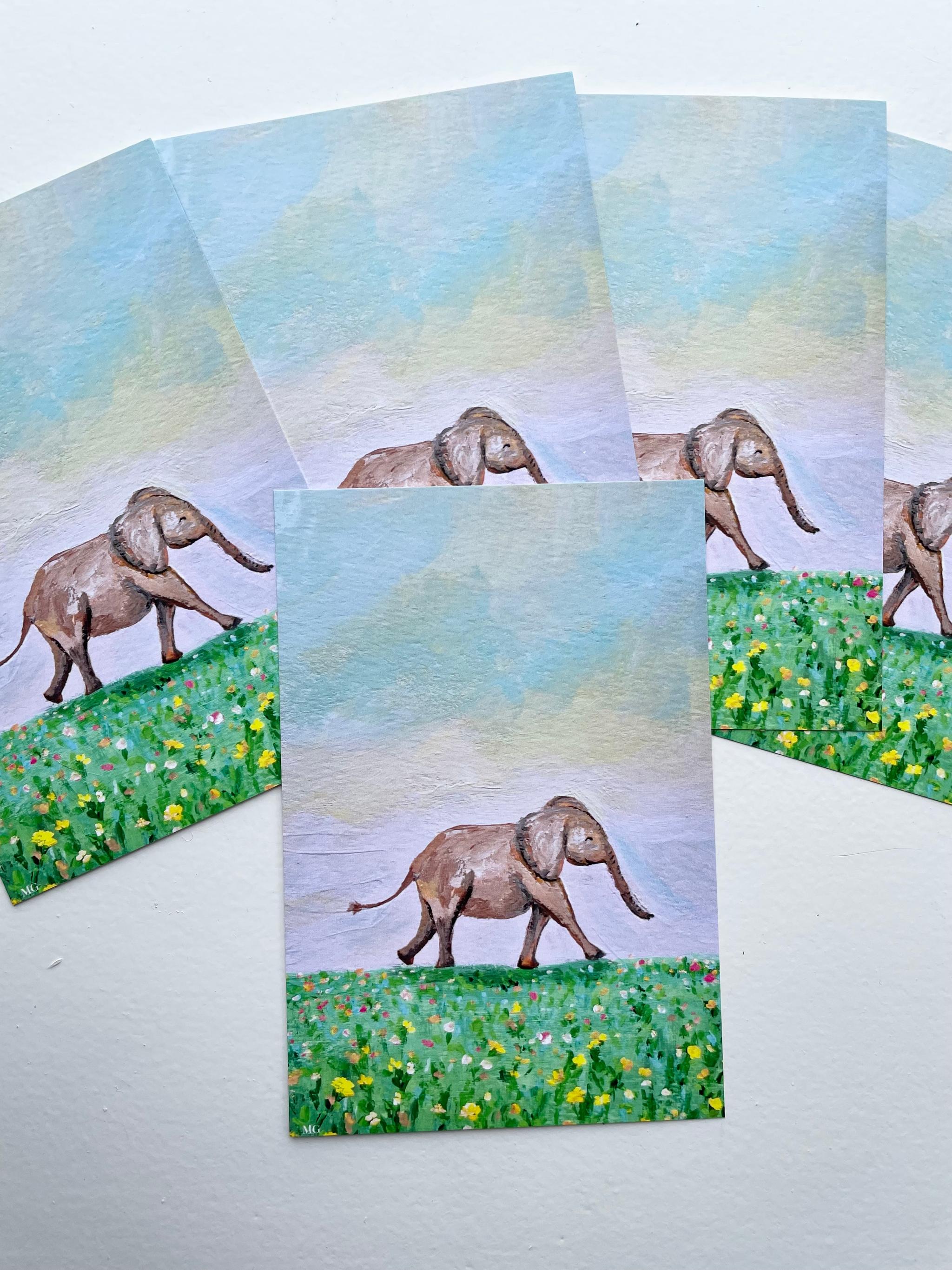 小ゾウと春の訪れ、ゾウ、ケニアのアート、アフリカンアニマル、ポストカード | 2枚目