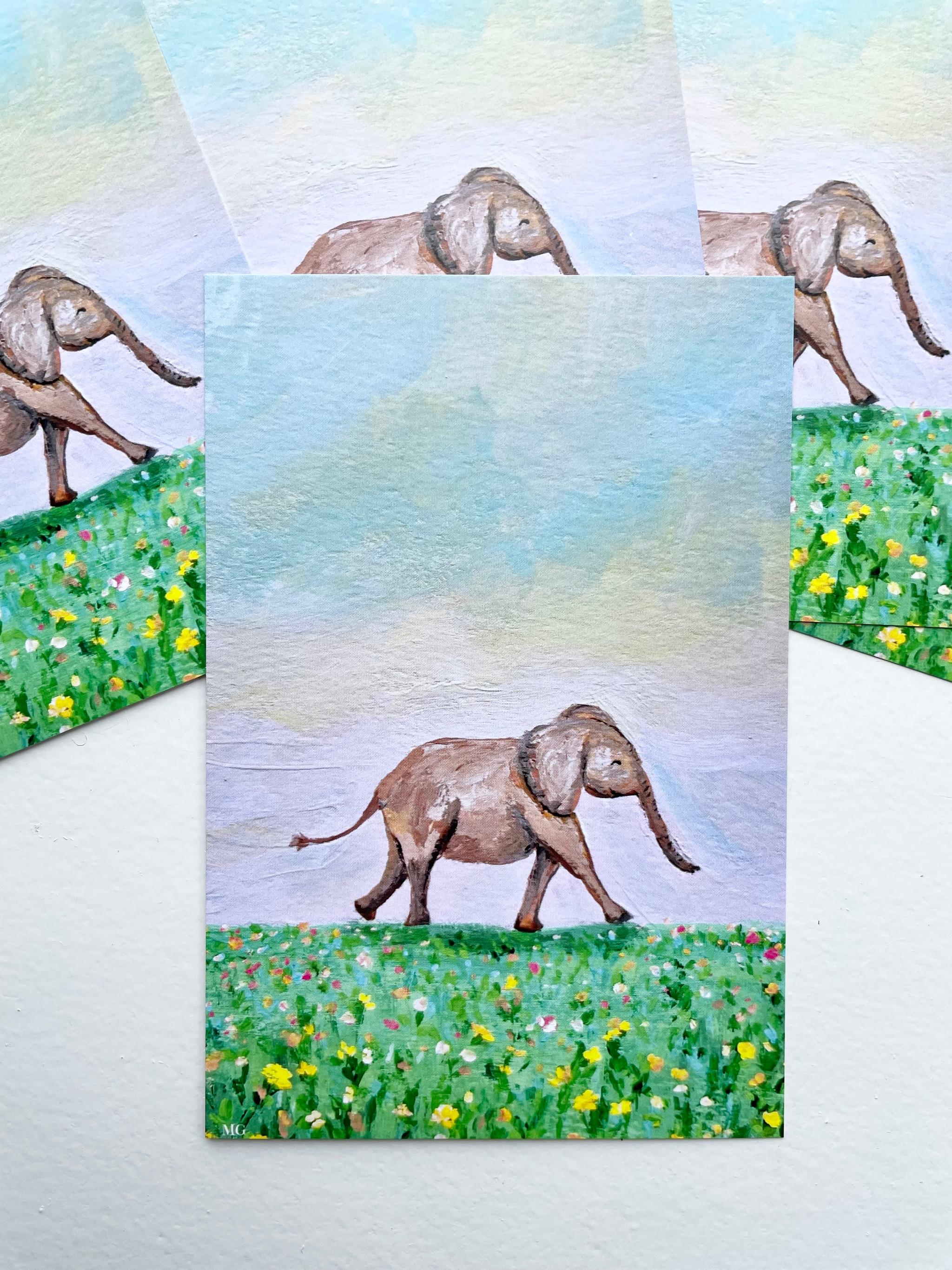 小ゾウと春の訪れ、ゾウ、ケニアのアート、アフリカンアニマル、ポストカード | 3枚目