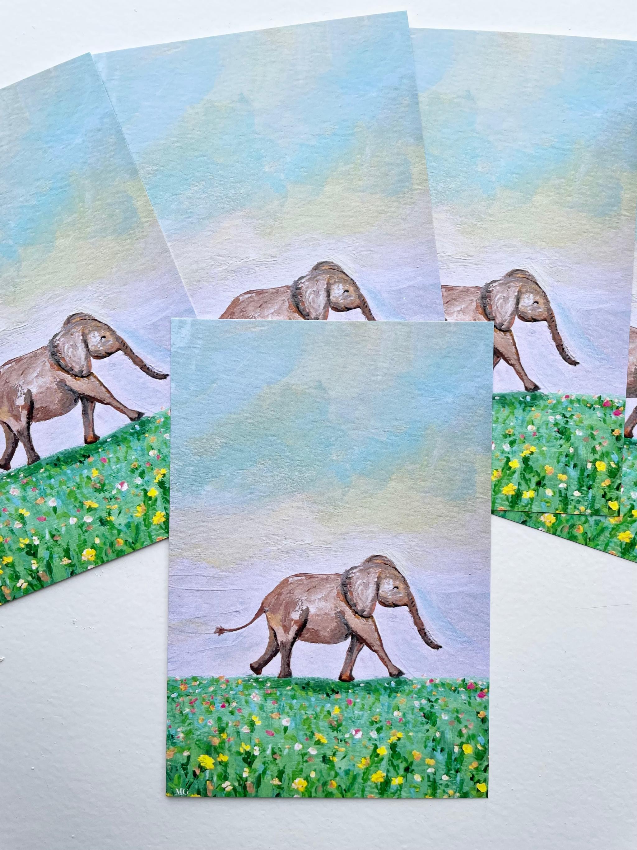 小ゾウと春の訪れ、ゾウ、ケニアのアート、アフリカンアニマル、ポストカード | 4枚目