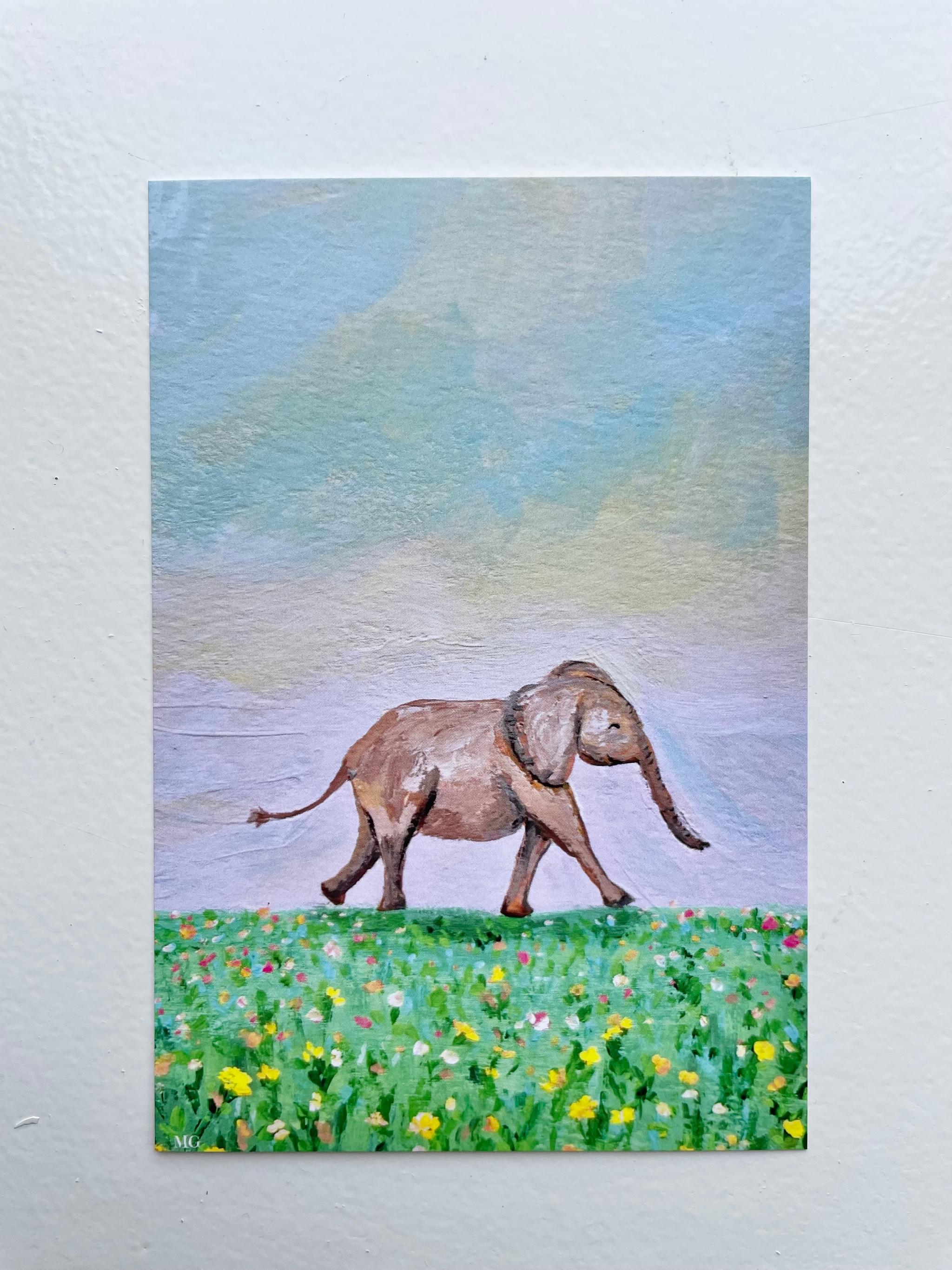 小ゾウと春の訪れ、ゾウ、ケニアのアート、アフリカンアニマル、ポストカード | 5枚目