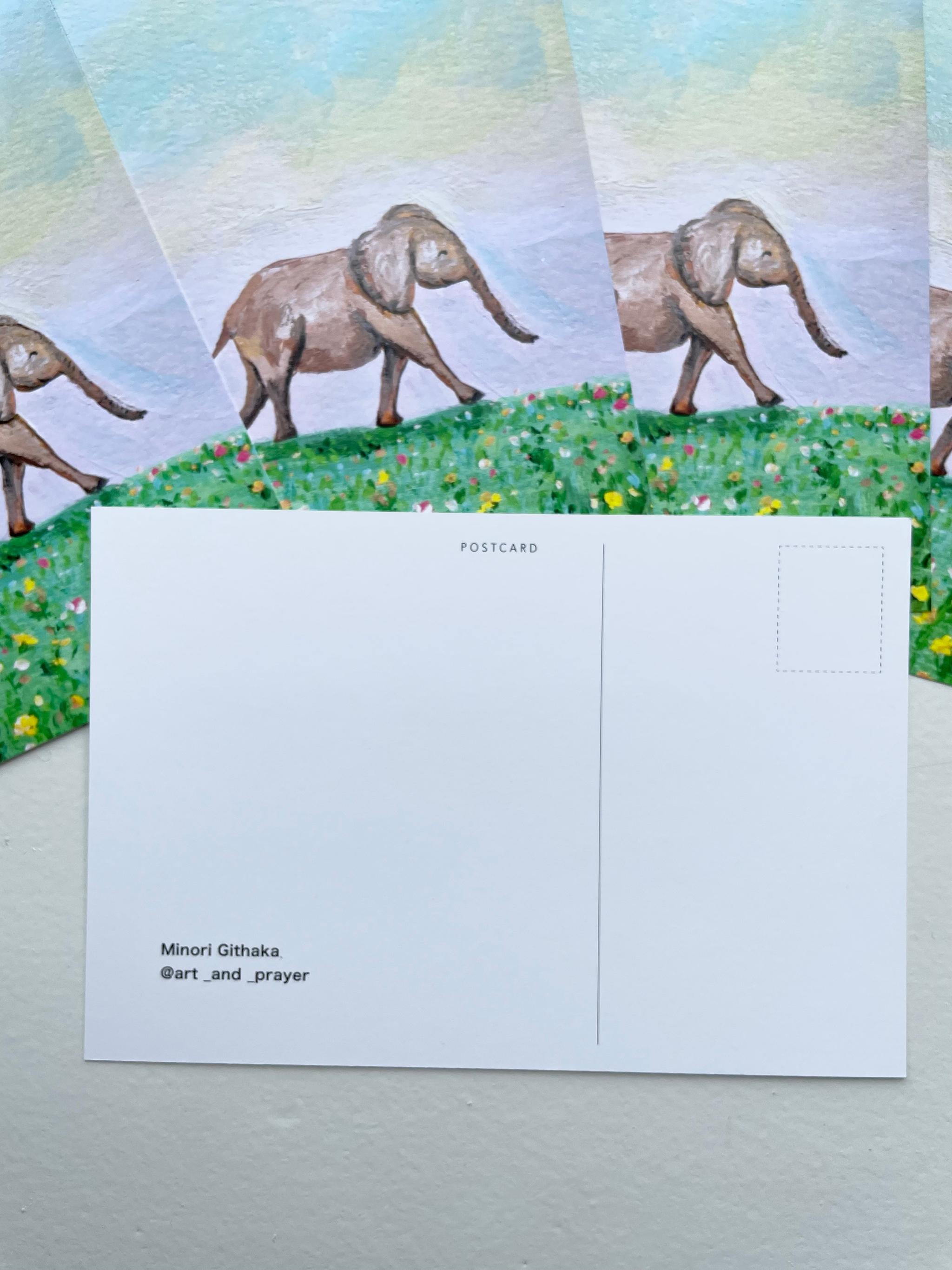 小ゾウと春の訪れ、ゾウ、ケニアのアート、アフリカンアニマル、ポストカード | 6枚目