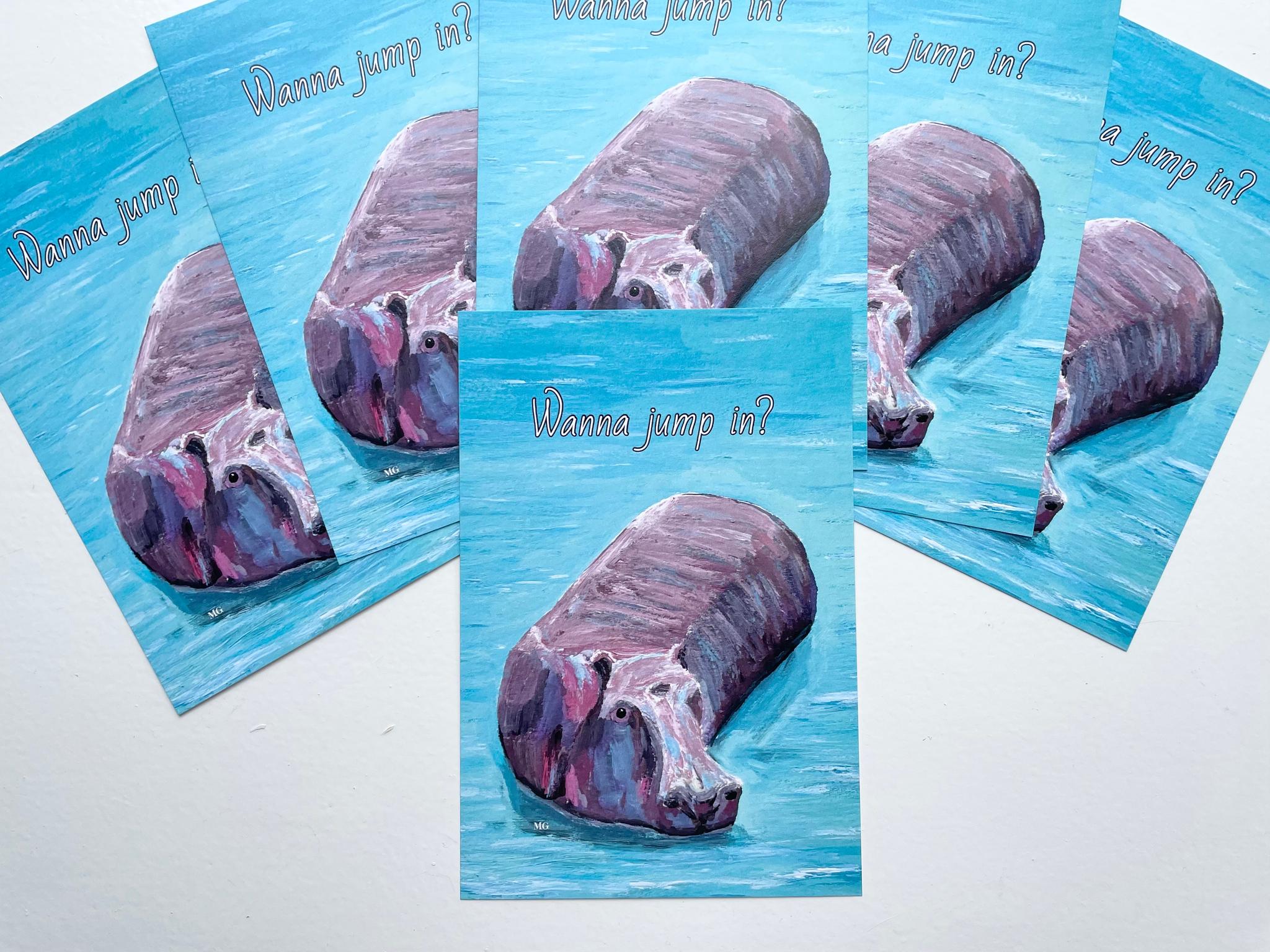 Wanna jump in? , アフリカンアニマル、ケニアのアート、カバの絵、ポストカード | 2枚目