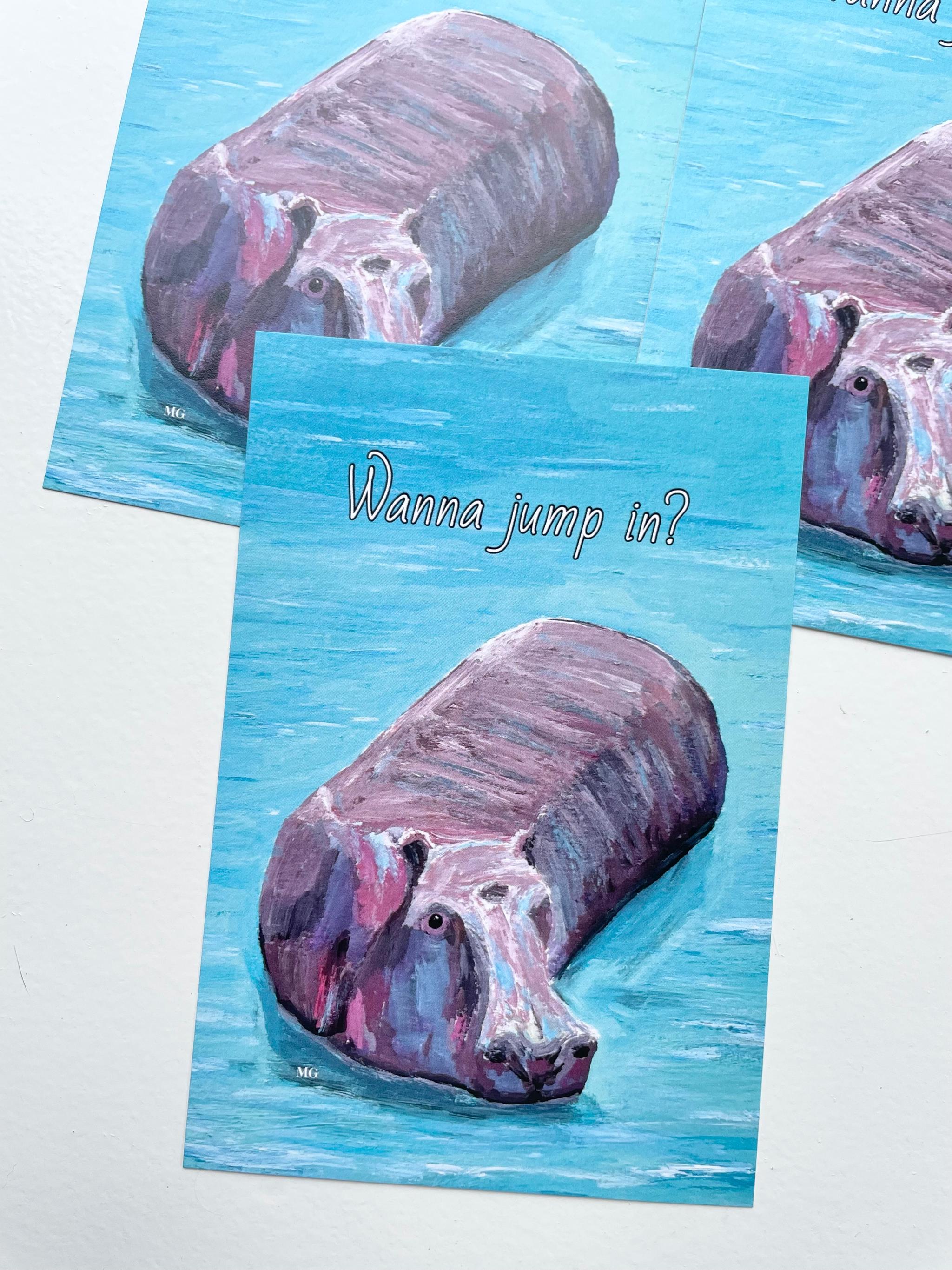 Wanna jump in? , アフリカンアニマル、ケニアのアート、カバの絵、ポストカード | 3枚目