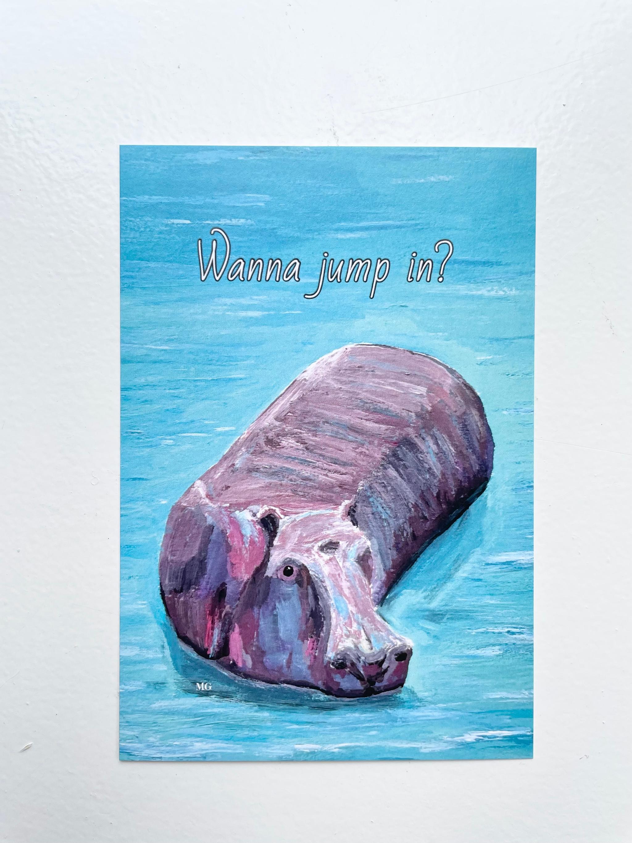 Wanna jump in? , アフリカンアニマル、ケニアのアート、カバの絵、ポストカード | 4枚目