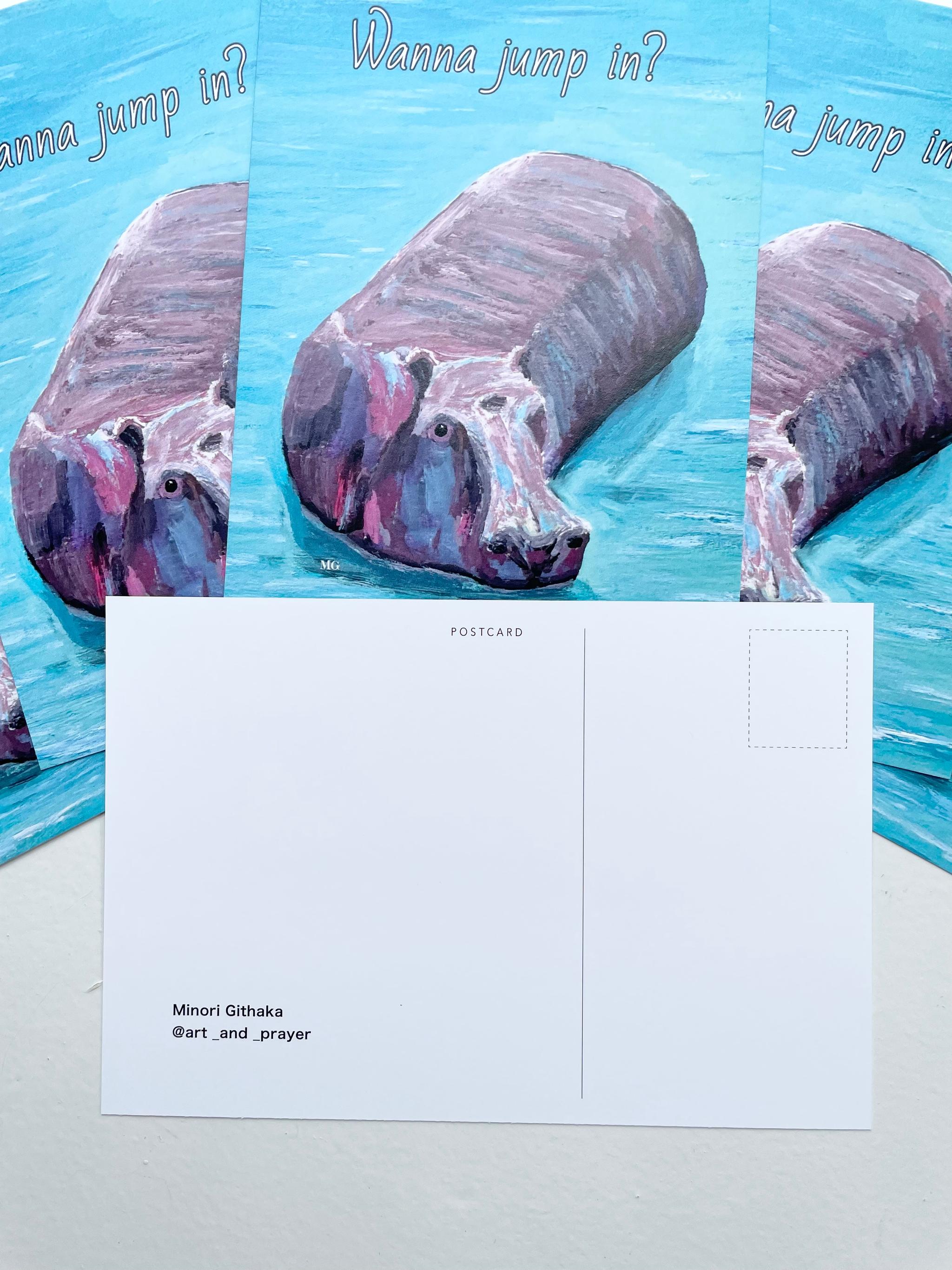 Wanna jump in? , アフリカンアニマル、ケニアのアート、カバの絵、ポストカード | 5枚目