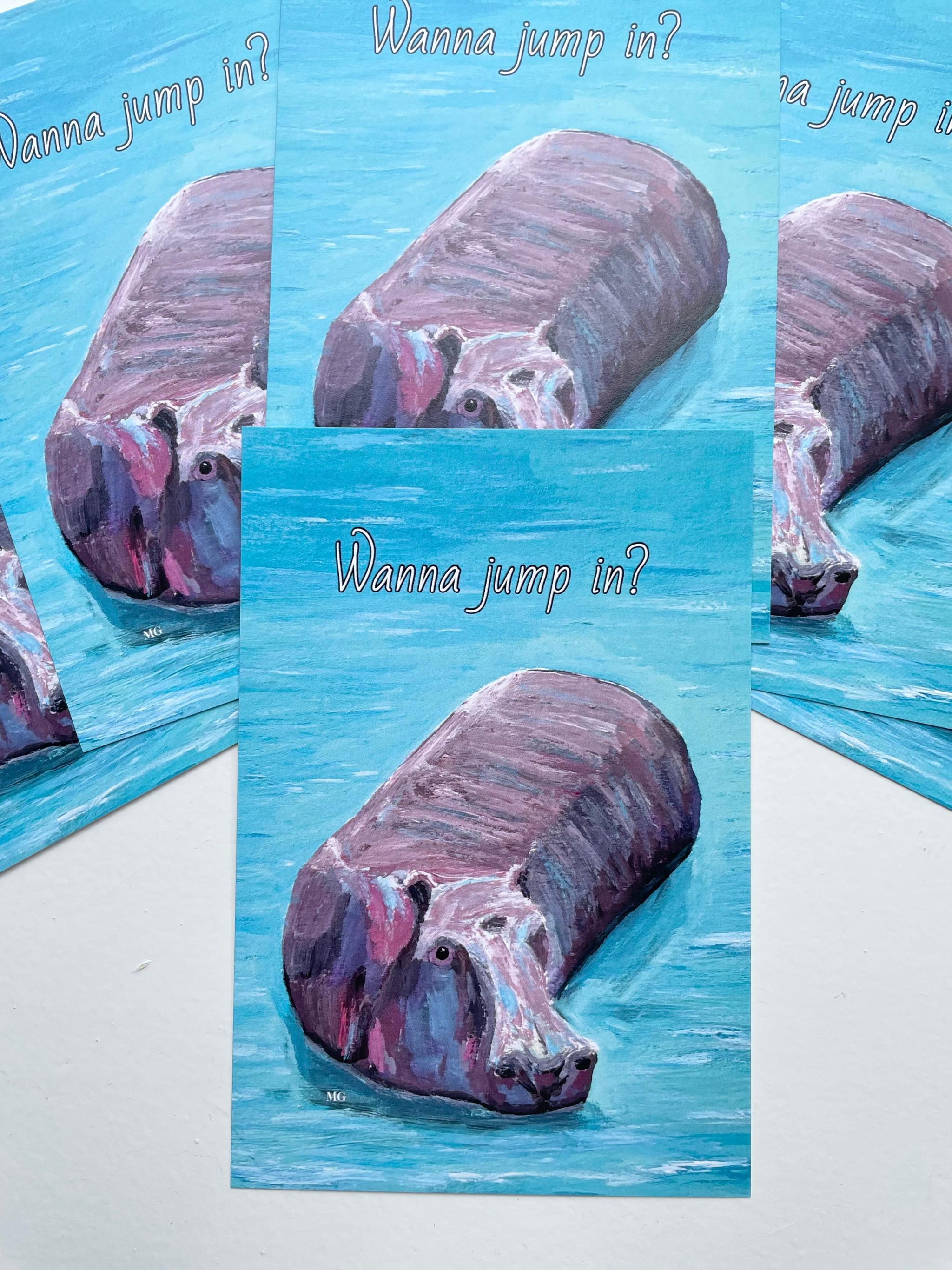 Wanna jump in? , アフリカンアニマル、ケニアのアート、カバの絵、ポストカード | 6枚目