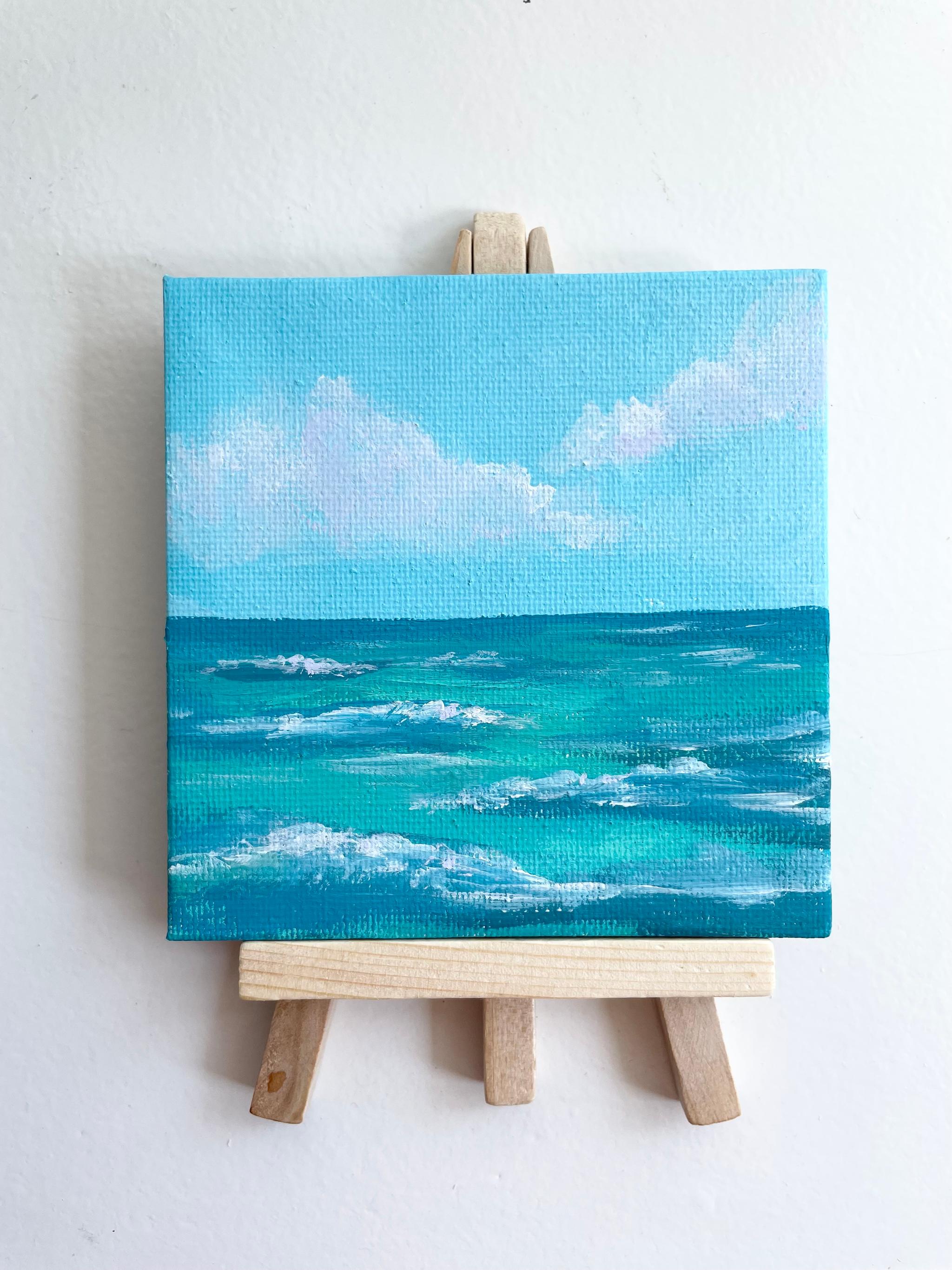 海の絵のミニキャンバス、海のアート、イーゼル付き