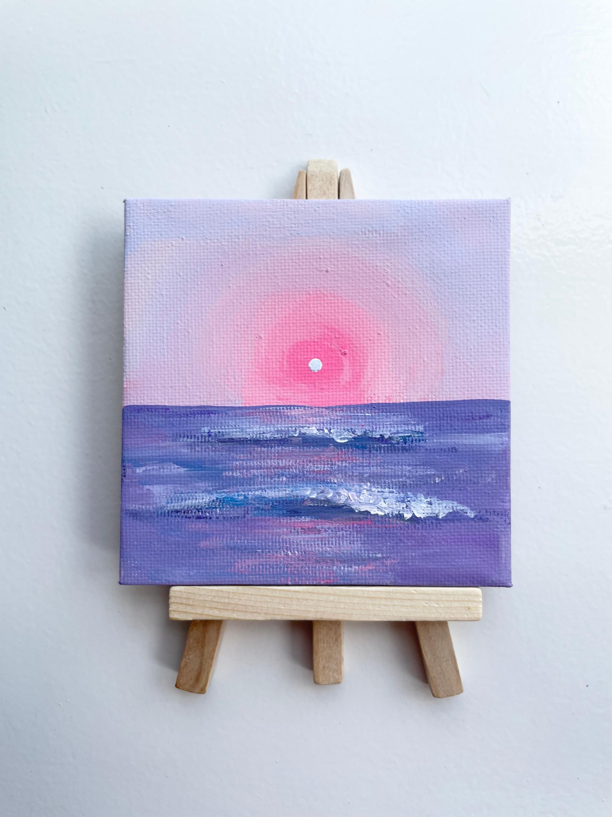 Pink sky, 海の絵、海のアート、イーゼル付き