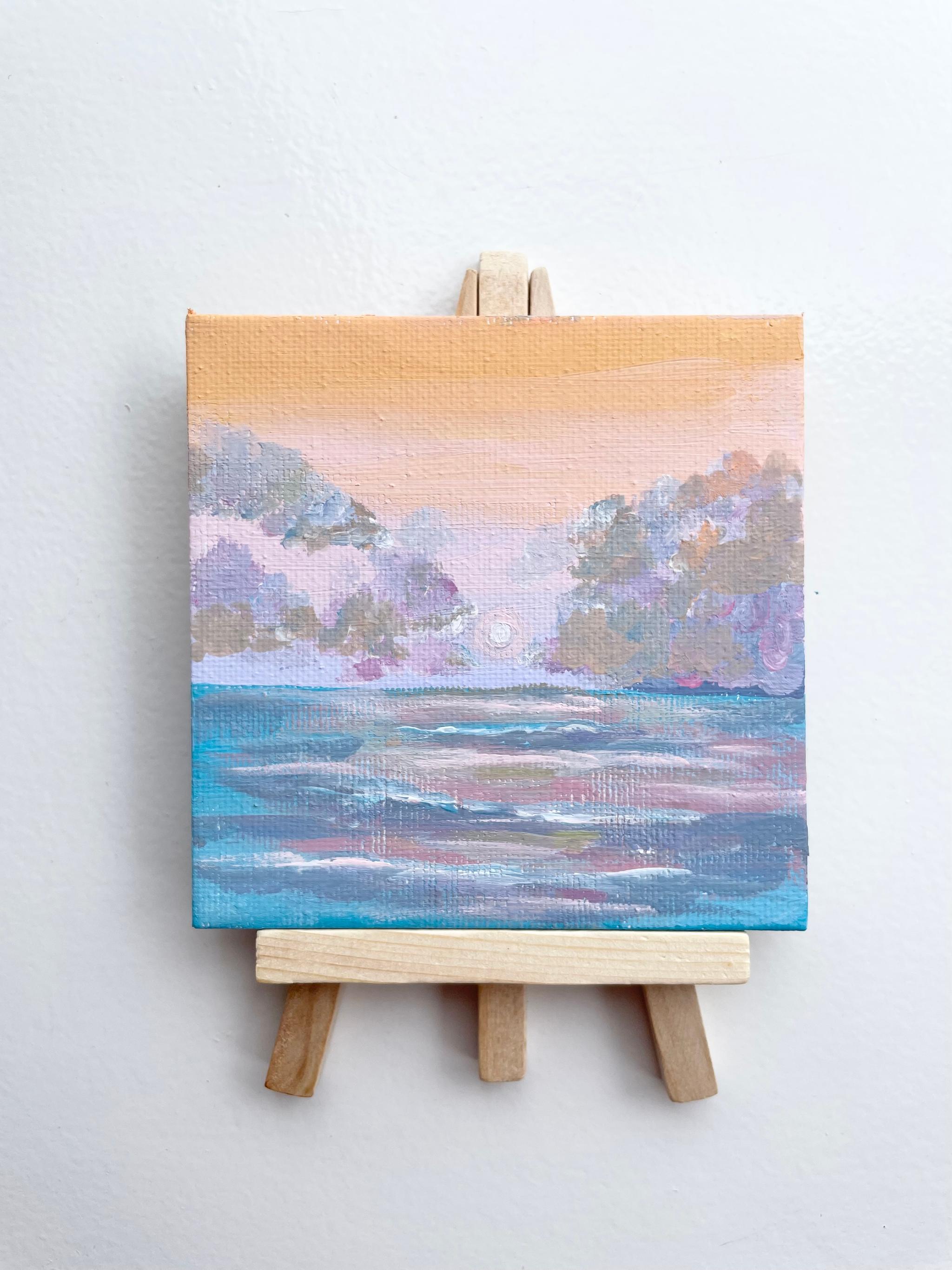 優しい海の絵、ミニキャンバス、イーゼル付き