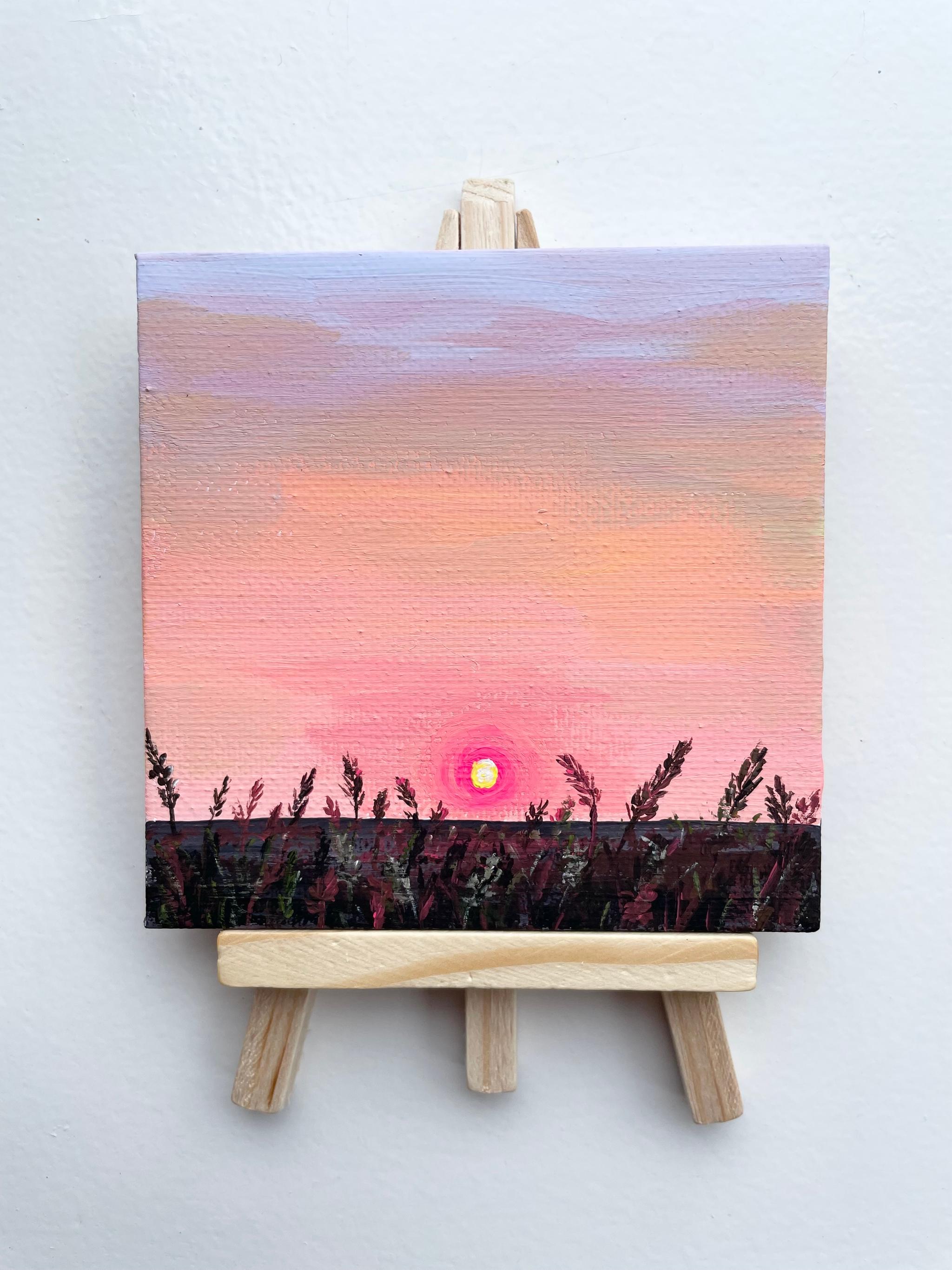 日の出のアート、ピンクの空、イーゼル付き
