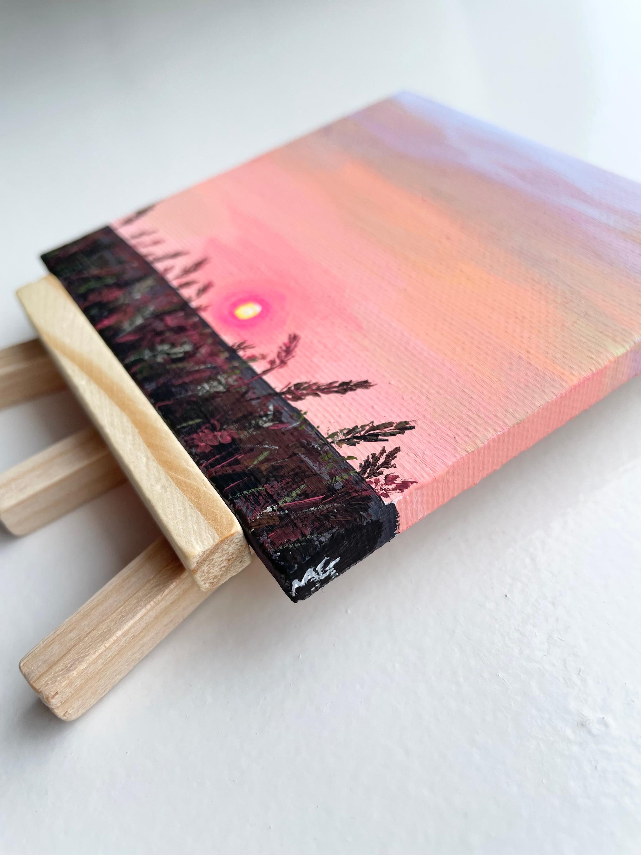 日の出のアート、ピンクの空、イーゼル付き | 2枚目