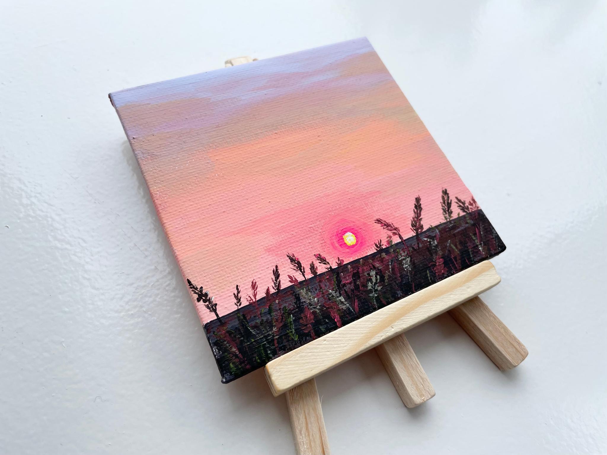 日の出のアート、ピンクの空、イーゼル付き | 4枚目