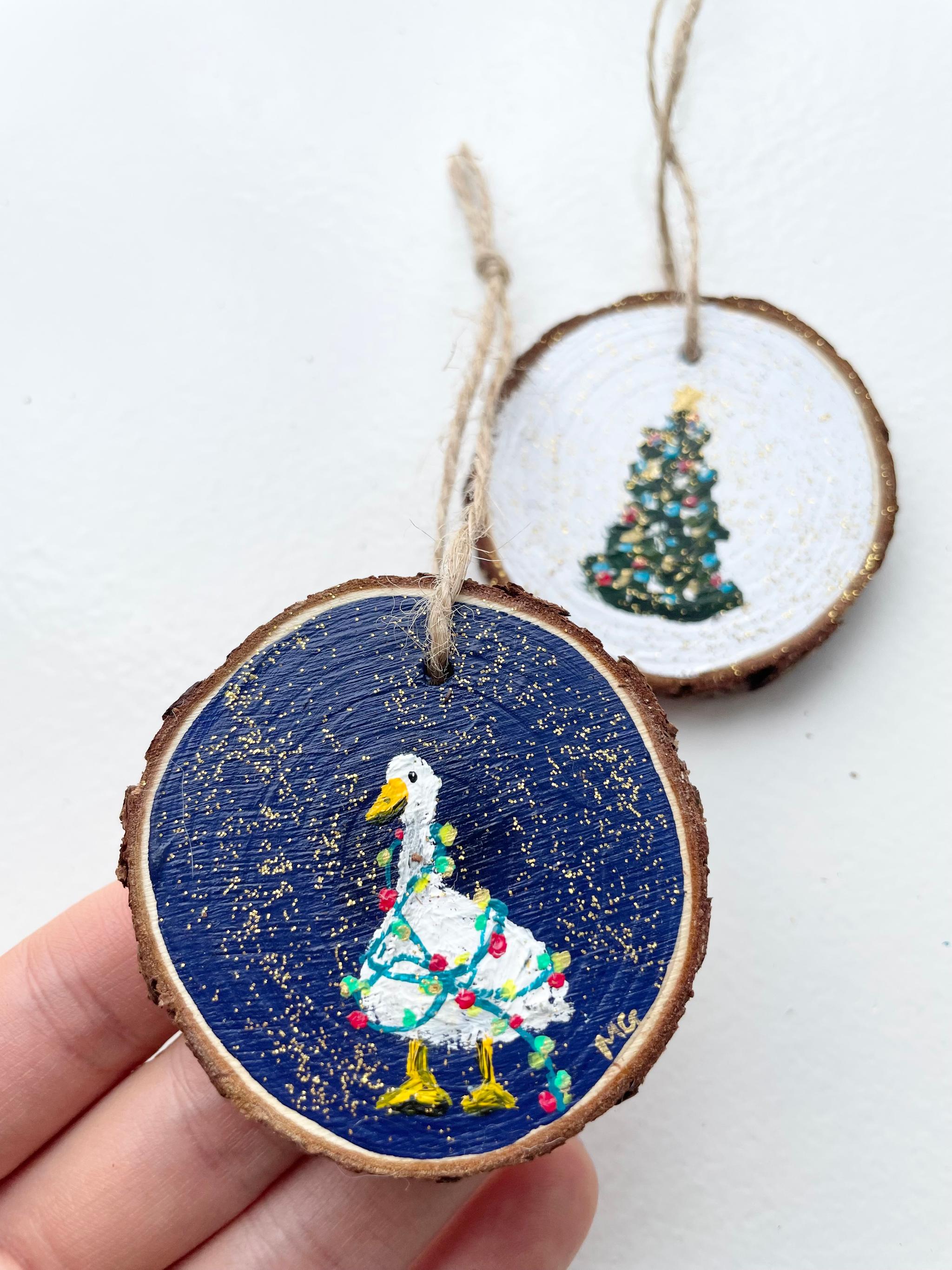 手描きの木製オーナメント、クリスマスオーナメント、クリスマスデコレーション、アヒル、あひる、クリスマスツリー