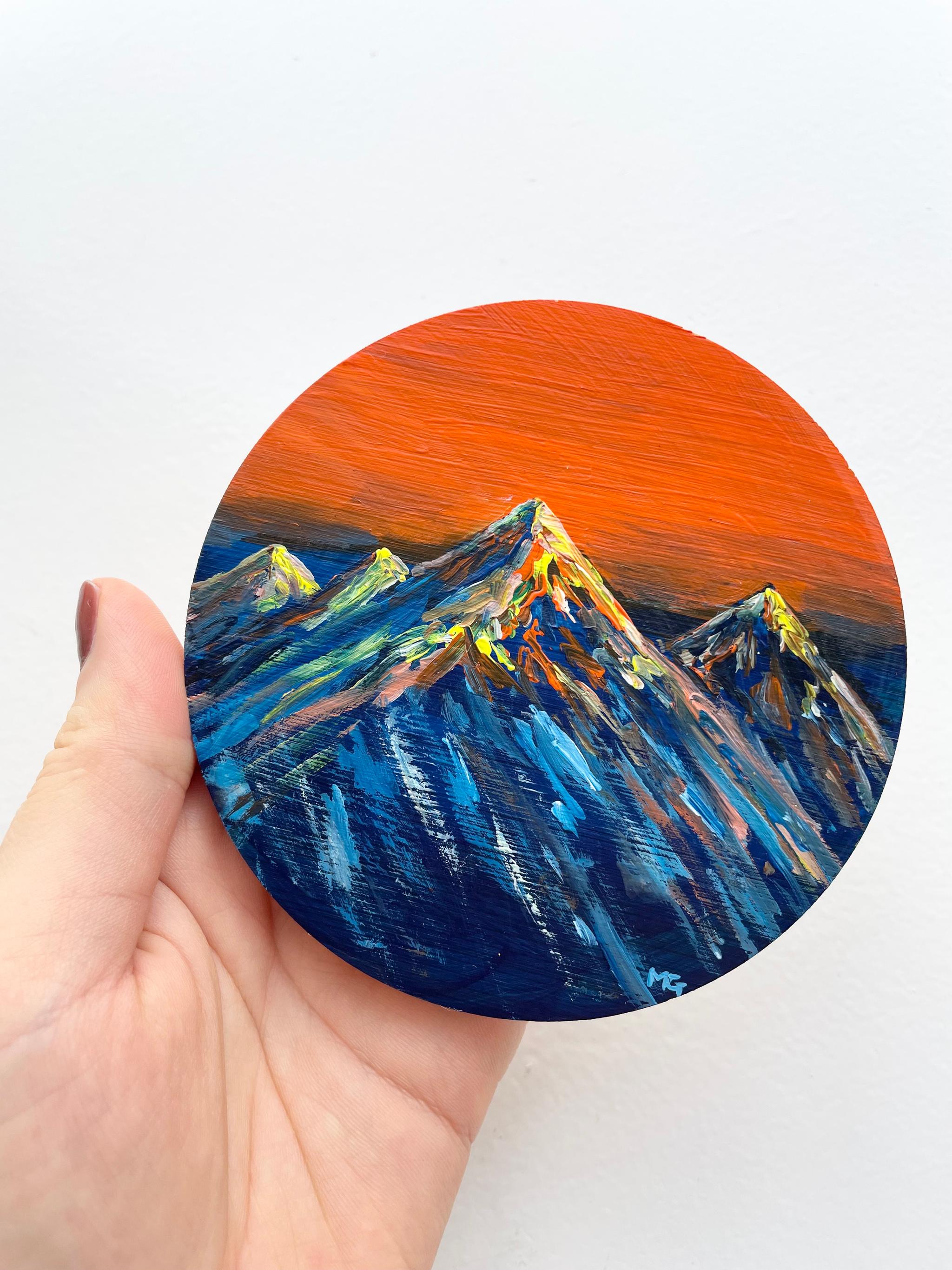手描きの木製コースター、ウッドコースター、山の絵、Mountain scenery | 4枚目