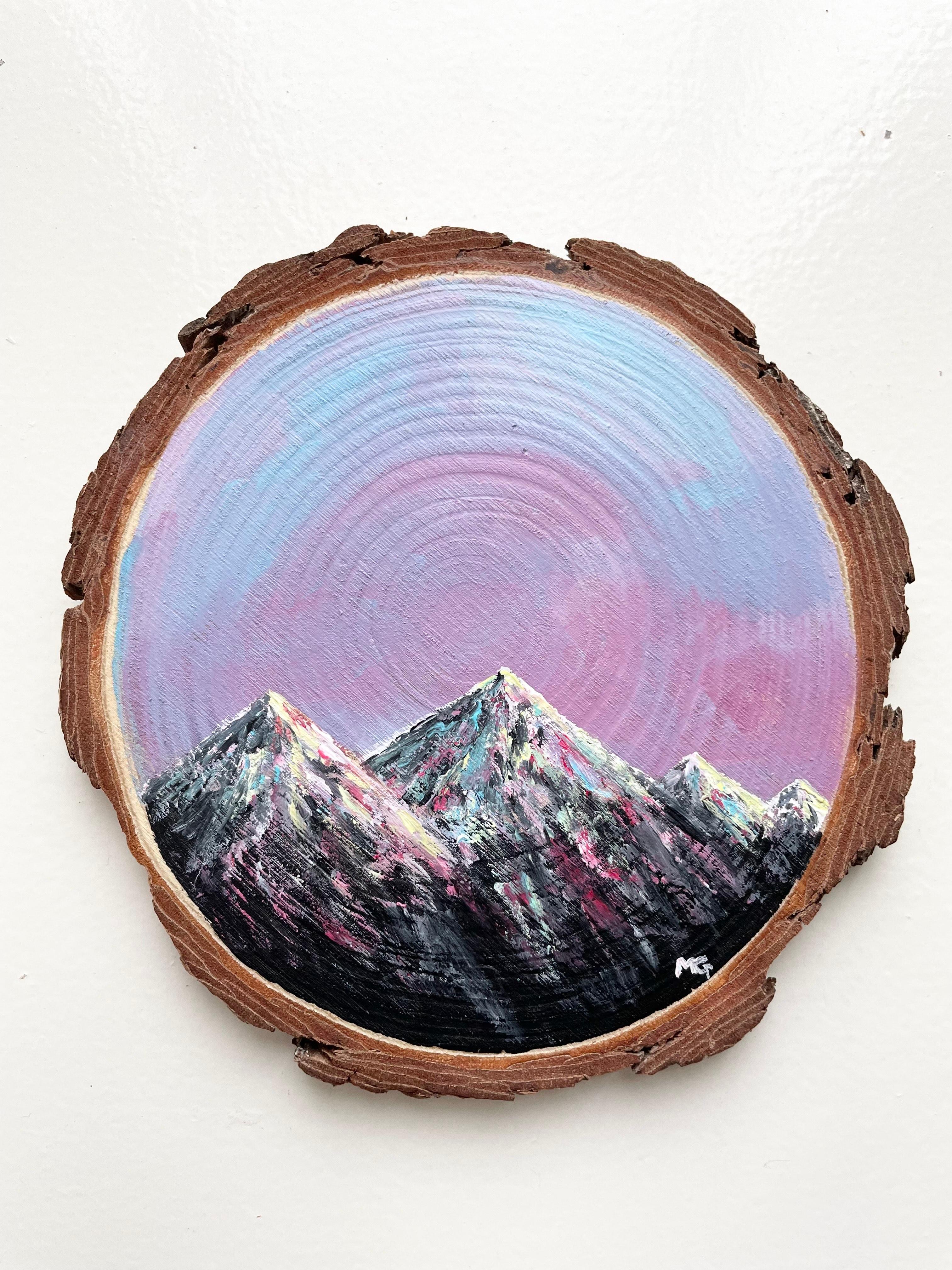 手描きの木製コースター、山の景色、ウッドコースター,mountain scenery